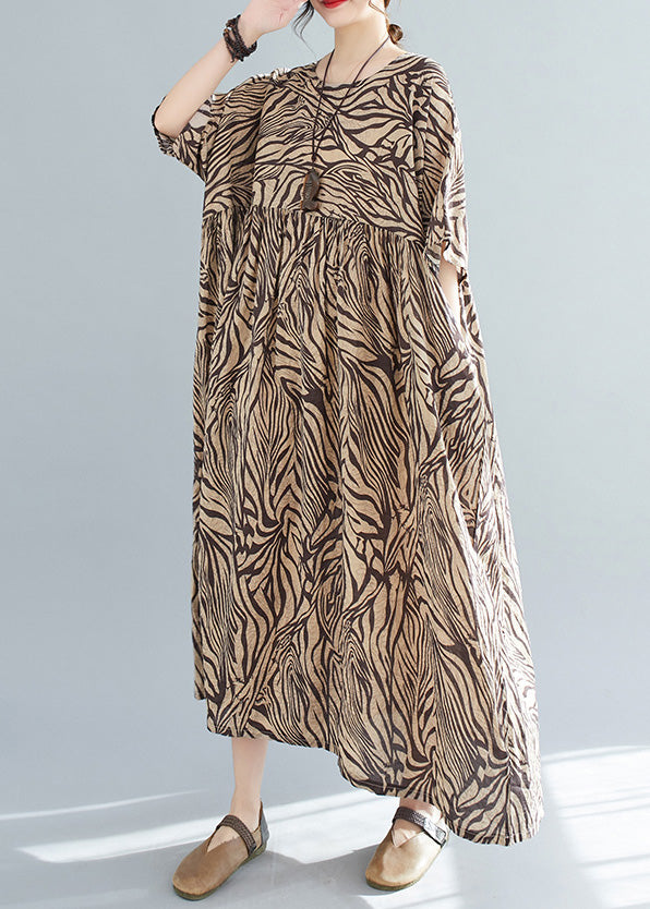 Yellow Print Wrinkled Cotton Vacation Long Dresses Short Sleeve