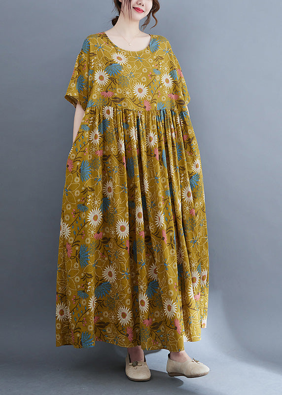 Yellow Print Wrinkled Holiday Long Dresses Summer