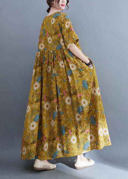 Yellow Print Wrinkled Holiday Long Dresses Summer