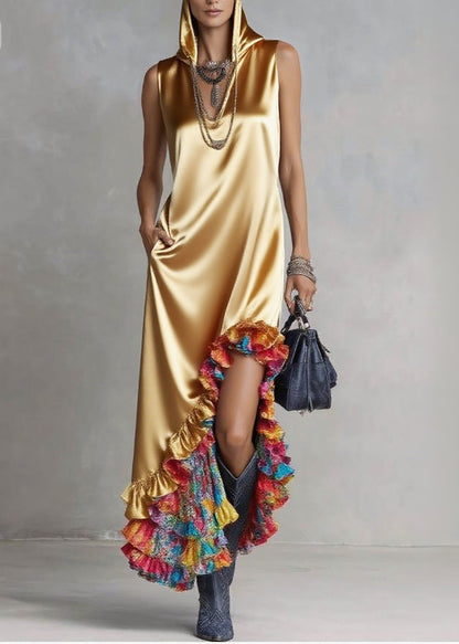 Yellow Ruffled Asymmetrical Design Silk Hooded Dress Sleeveless