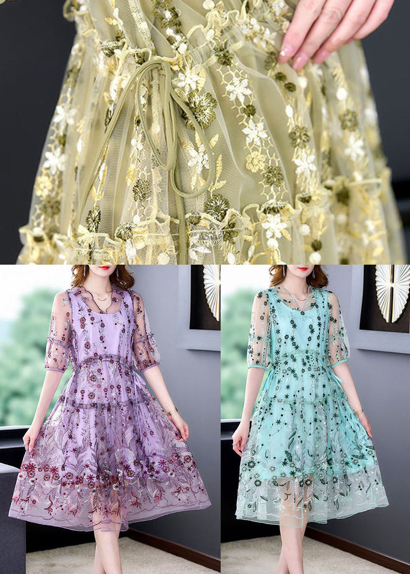 Yellow Ruffled Embroideried Tulle Party Dress Summer