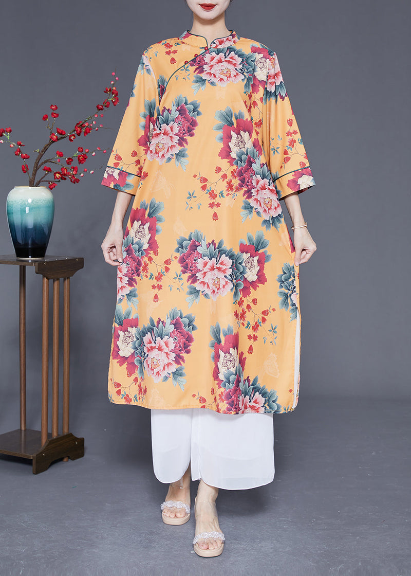 Yellow Stand Collar Print Silk Dresses Bracelet Sleeve
