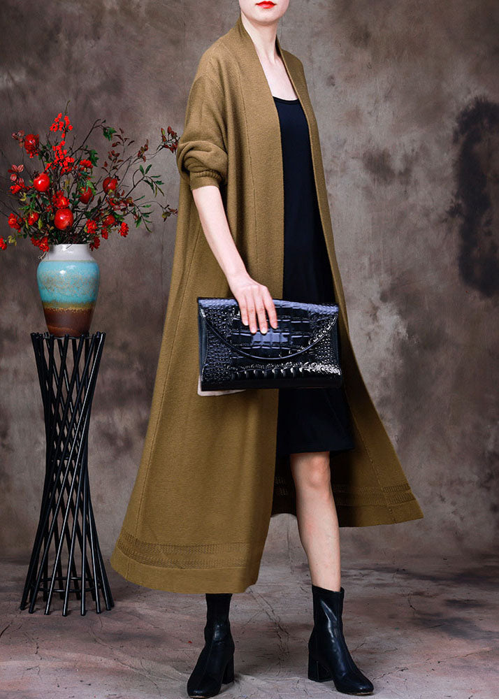 Yellow V Neck Hollow Out Pockets Knit Cardigans Long Sleeve