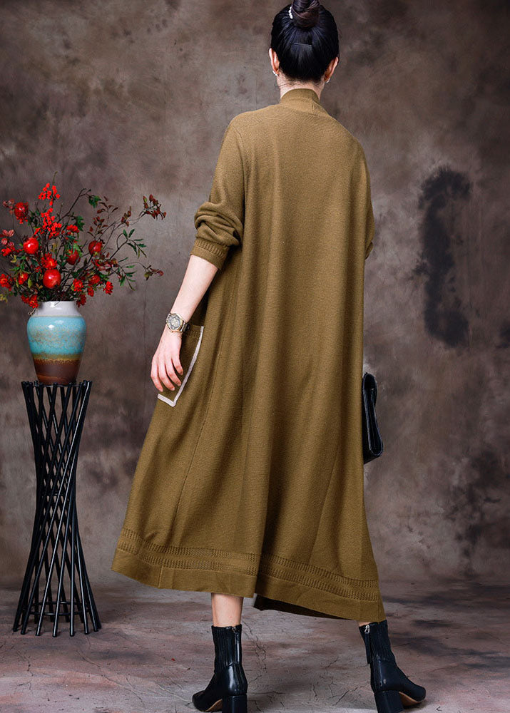 Yellow V Neck Hollow Out Pockets Knit Cardigans Long Sleeve