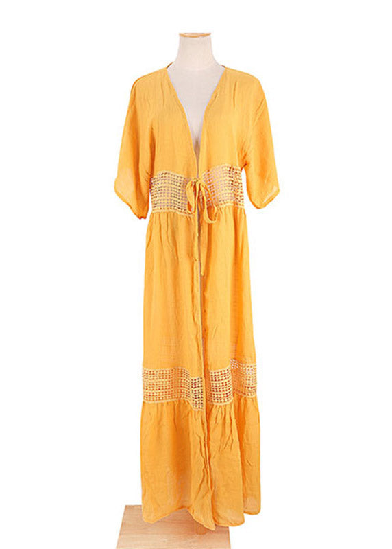 Yellow V Neck Lace Patchwork Tie Waist Long Holiday Dress Short Sleeve