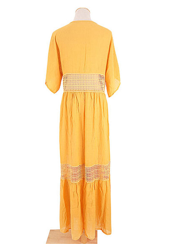 Yellow V Neck Lace Patchwork Tie Waist Long Holiday Dress Short Sleeve