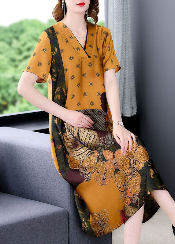 Yellow V Neck Print Silk Long Dress Summer