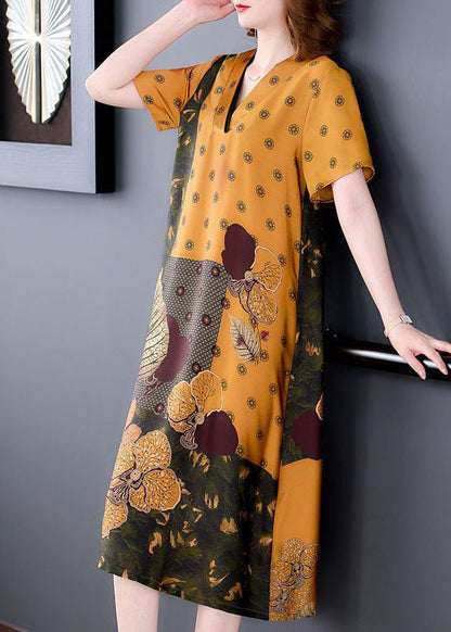 Yellow V Neck Print Silk Long Dress Summer