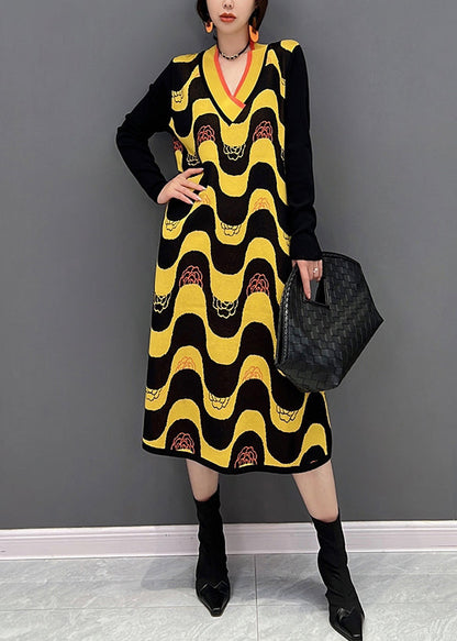 Yellow V Neck Striped Patchwork Knit Dress Fall
