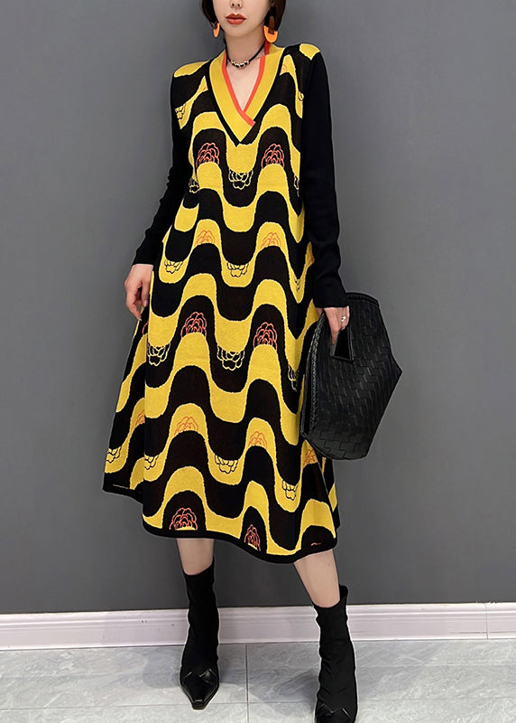 Yellow V Neck Striped Patchwork Knit Dress Fall
