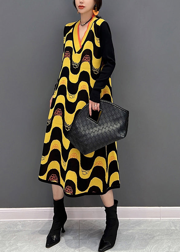 Yellow V Neck Striped Patchwork Knit Dress Fall
