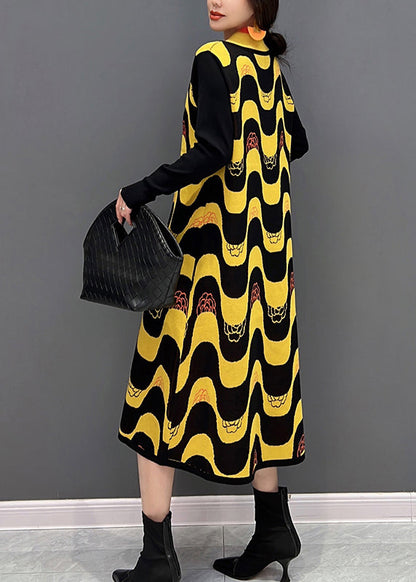 Yellow V Neck Striped Patchwork Knit Dress Fall