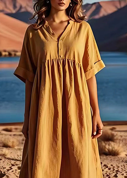 Yellow V Neck Wrinkled Patchwork Linen Dresses Summer