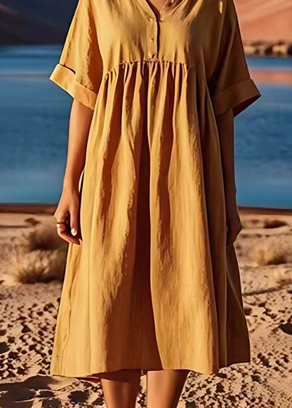 Yellow V Neck Wrinkled Patchwork Linen Dresses Summer