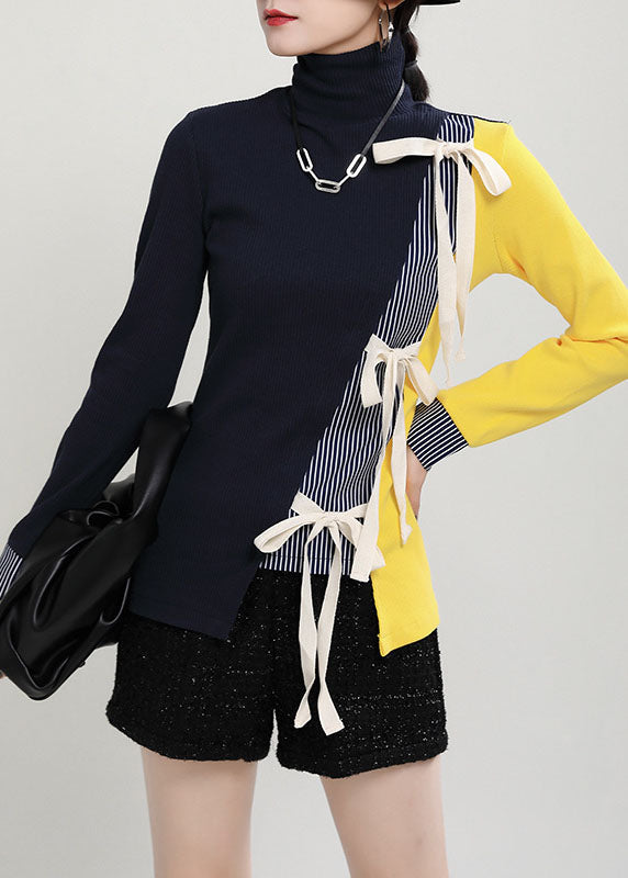 Dark Blue Asymmetrical Thick Patchwork Knit Sweater Spring