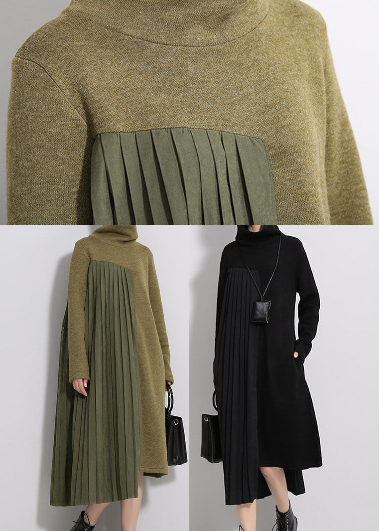 Black Wrinkled Turtle Neck Knit Dresses Spring