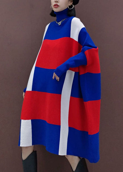 Blue Red Turtle Neck Knit Dress Spring