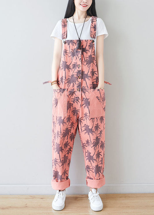 Pink Pockets Print Jumpsuits Spring