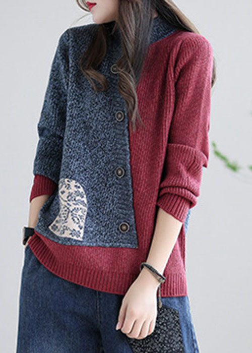 Red Grey Stand Collar Patchwork Knit Tops Spring