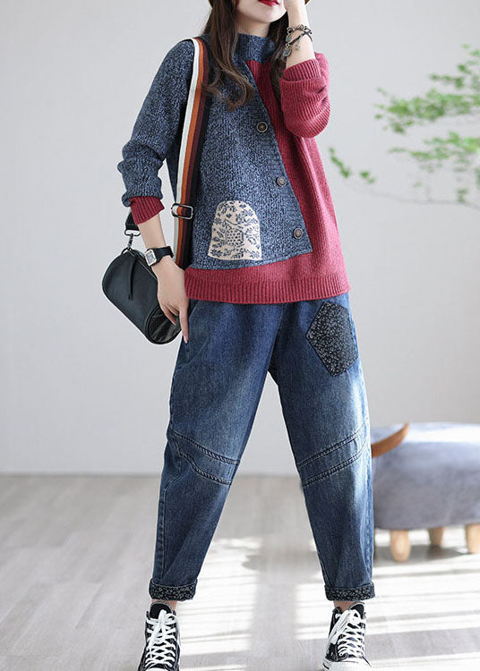 Red Grey Stand Collar Patchwork Knit Tops Spring