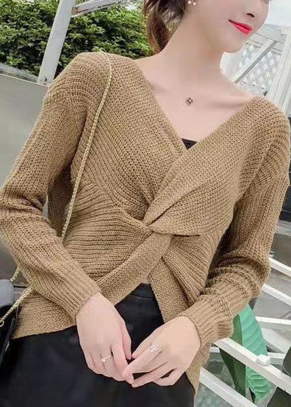 Chocolate V Neck Knit Fall Tops