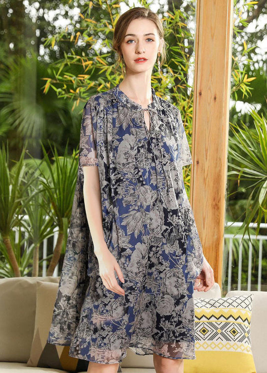 Print Chiffon a Line Dress Stand Collar Lace Up Short Sleeve