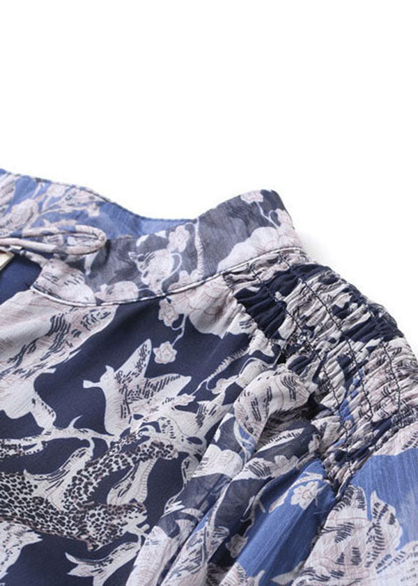 Print Chiffon a Line Dress Stand Collar Lace Up Short Sleeve