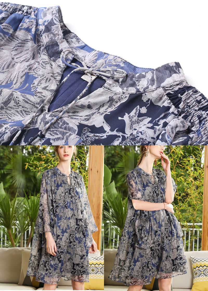 Print Chiffon a Line Dress Stand Collar Lace Up Short Sleeve