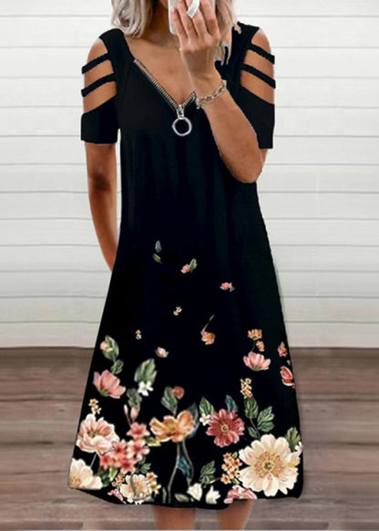Printed Off the Shoulder Crew Neck Mid Dress Black