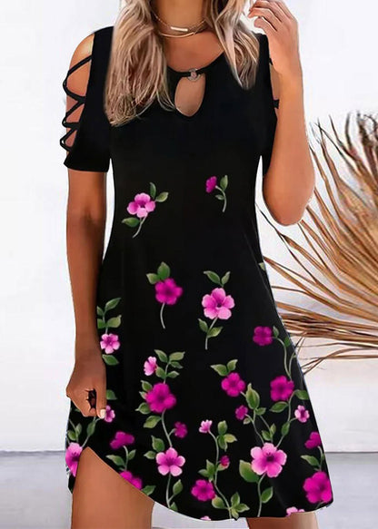 Printed Off the Shoulder Crew Neck Mid Dress Black