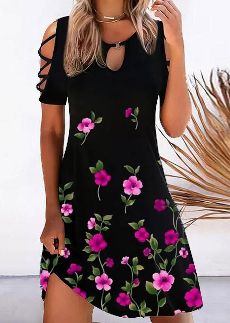 Printed Off the Shoulder Crew Neck Mid Dress Black