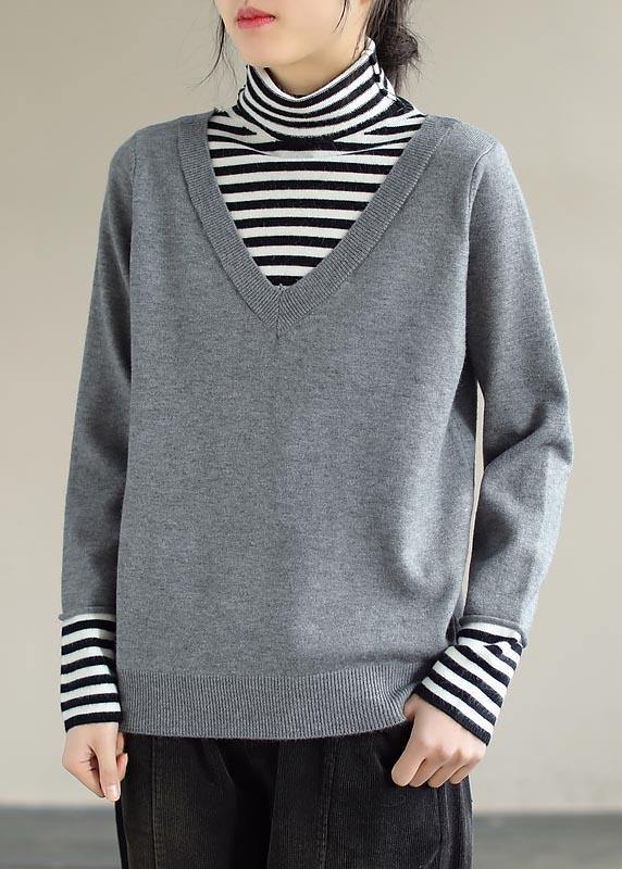 Pullover Light Gray Sweater Tops Patchwork High Neck Spring Knit Sweat Tops