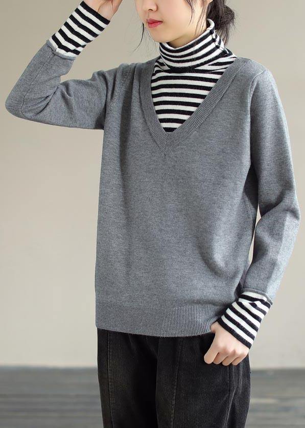 Pullover Light Gray Sweater Tops Patchwork High Neck Spring Knit Sweat Tops