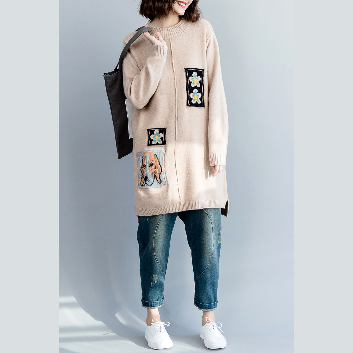 Pullover Sweater Outfit O Neck Beige Hipster Knit Tops