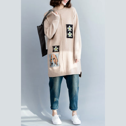 Pullover Sweater Outfit O Neck Beige Hipster Knit Tops