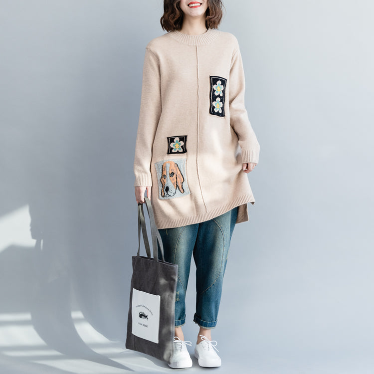 Pullover Sweater Outfit O Neck Beige Hipster Knit Tops