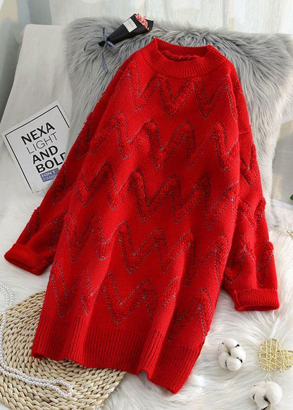 Pullover Beige Sweater Knit Top Pattern Design O Neck Thick Daily Knit Dresses