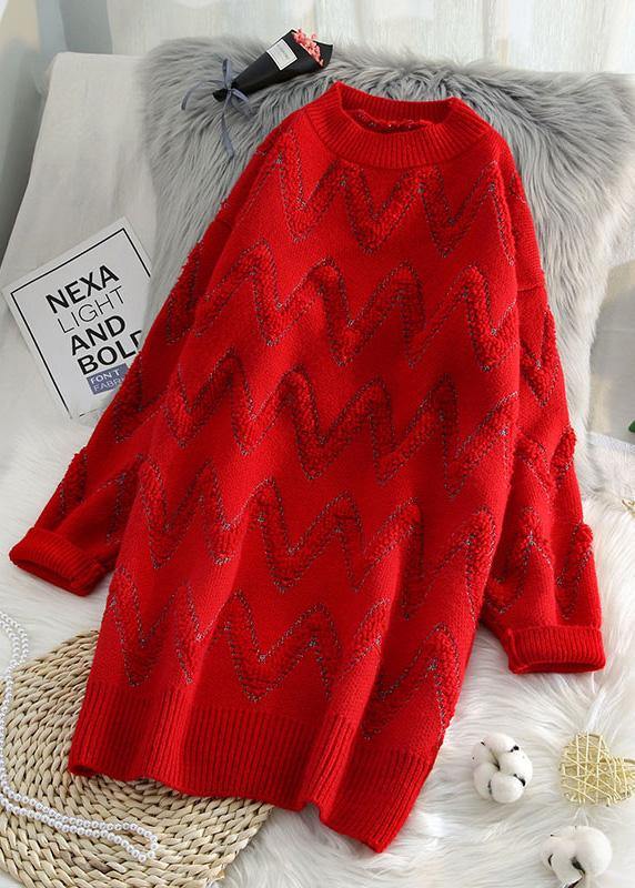 Pullover Beige Sweater Knit Top Pattern Design O Neck Thick Daily Knit Dresses