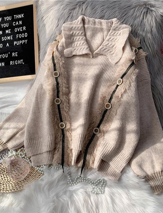 Pullover Beige Crane Tops Lapel Asymmetric Knitted Blouse