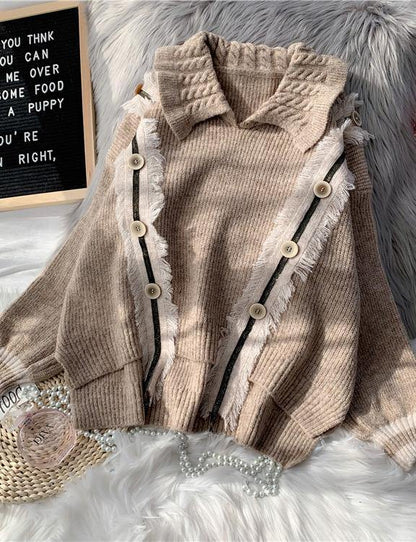 Pullover Beige Crane Tops Lapel Asymmetric Knitted Blouse