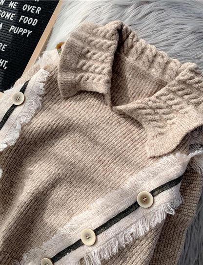 Pullover Beige Crane Tops Lapel Asymmetric Knitted Blouse