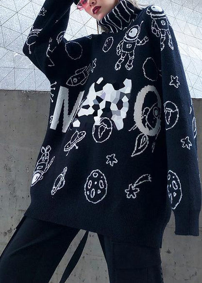 Pullover Black Letter Knit Blouse High Neck Loose Fitting Sweaters