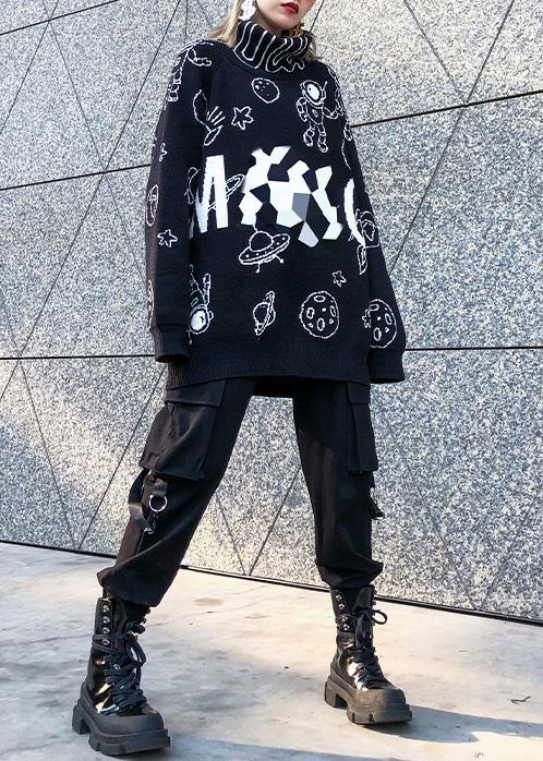 Pullover Black Letter Knit Blouse High Neck Loose Fitting Sweaters