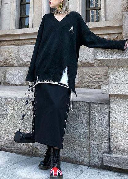 Pullover Black Knitted Loose Fitting V Neck Hole Knit Tops