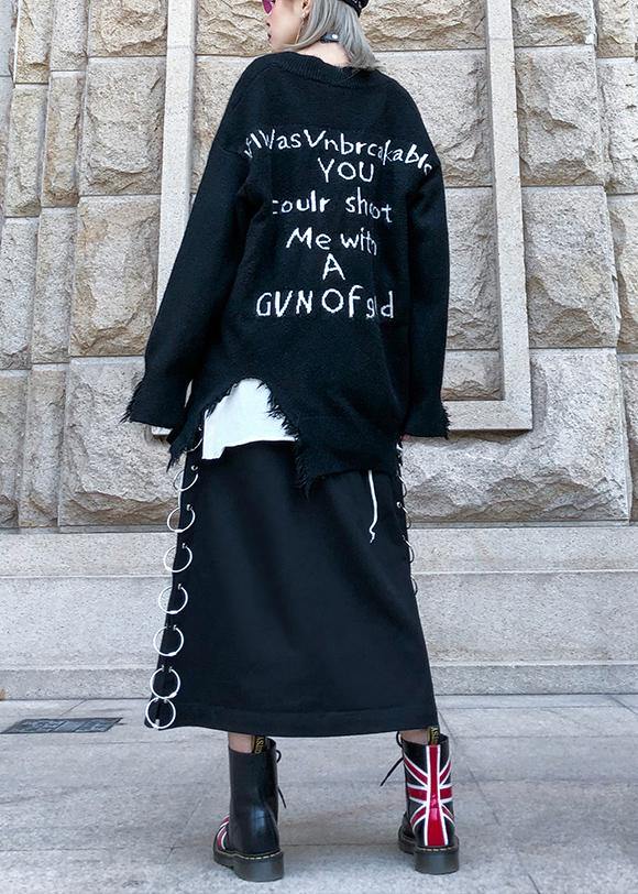 Pullover Black Knitted Loose Fitting V Neck Hole Knit Tops