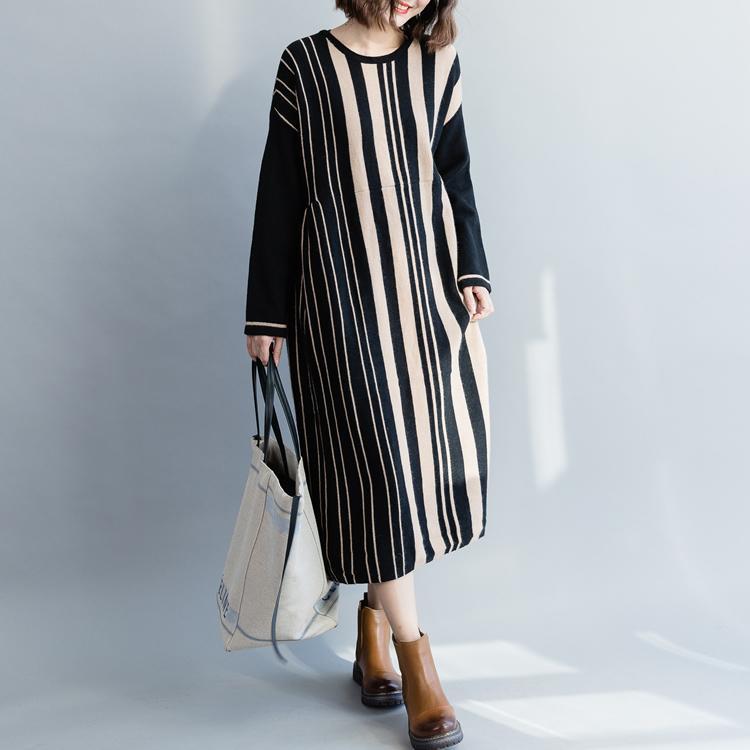 Pullover Black Striped Sweater Dress Outfit Street Style Oversized O Neck Knit Dress
