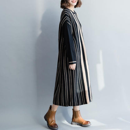 Pullover Black Striped Sweater Dress Outfit Street Style Oversized O Neck Knit Dress