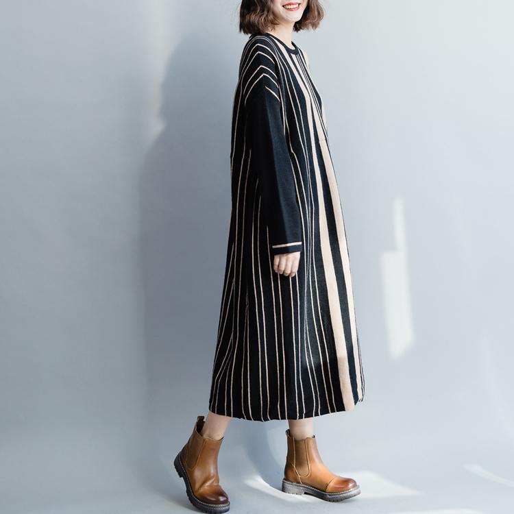Pullover Black Striped Sweater Dress Outfit Street Style Oversized O Neck Knit Dress