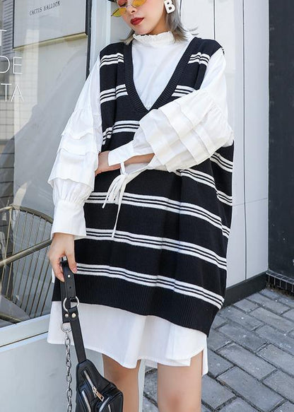 Pullover Black Striped Knit Blouse V Neck Sleeveless Knit Tops