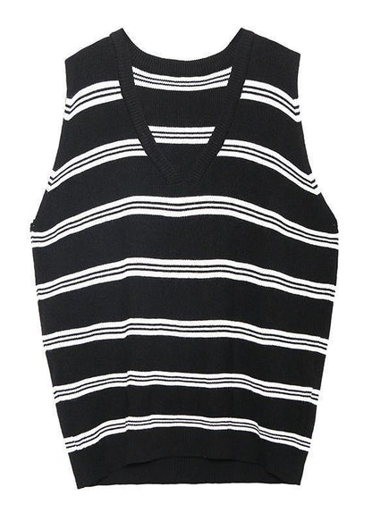 Pullover Black Striped Knit Blouse V Neck Sleeveless Knit Tops